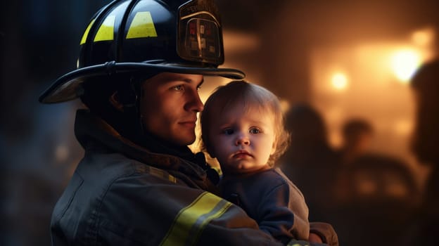 A courageous firefighter saves a baby from a fire, risking his life in a smoke-filled environment. He wears protective gear, showcasing his bravery amid the chaos of the flames.