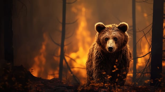 A large brown bear runs from a rapidly spreading forest fire, its face obscured by smoke, eyes wide with fear. The vibrant orange and yellow flames illuminate the dark trees behind.