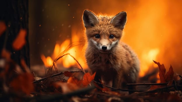 A small red fox appears frightened in front of a raging forest fire, surrounded by smoke and flames. This striking image highlights the beauty and peril of nature, showcasing the foxs fear.