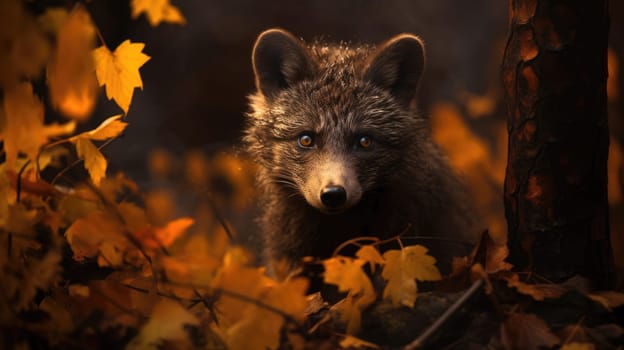 A beautiful red fox stands in a pile of fallen yellow leaves looking at the camera with blurred background. The fox has a white tip on its tail and black stripes on its face.