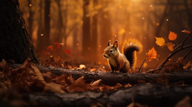 A curious squirrel sits on a log in a vibrant autumn forest, surrounded by a stunning bokeh of orange and yellow leaves. The squirrel gazes directly at the camera, creating a captivating scene.