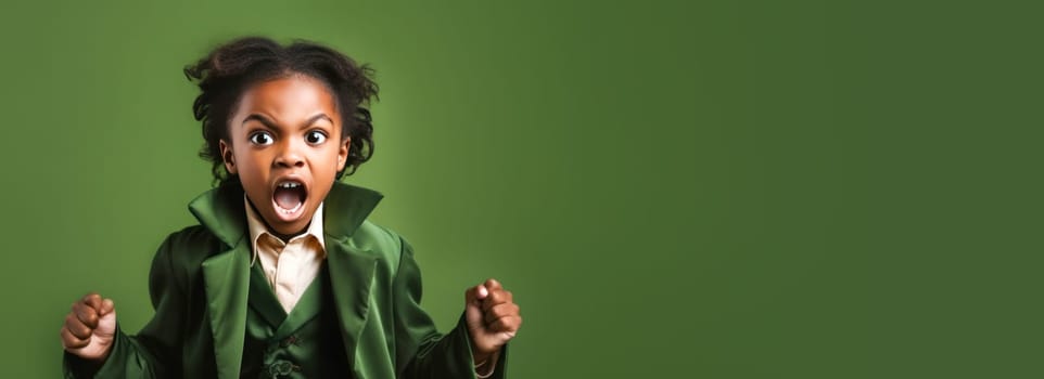 Banner of an emotional little African American boy in a green suit on green background. Halloween costume