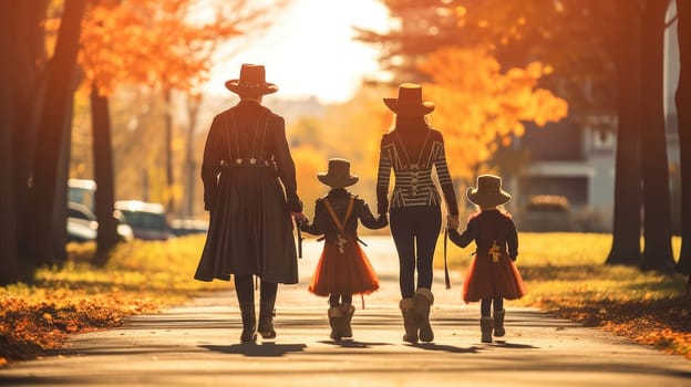 Family in matching Halloween costumes walking away from the camera in an autumn park..