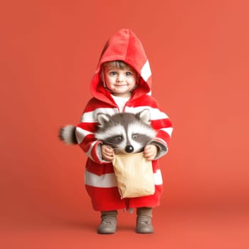 Little Red Riding Hood costume for a baby photoshoot on red background.