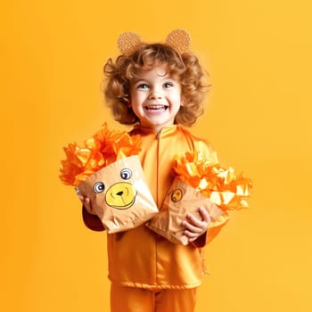 Little kid dressed up as a lion cub with a yellow drawstring bag in its hands.