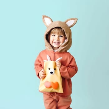 Smiling toddler in a fox costume holding a Halloween candy bag on a blue background.
