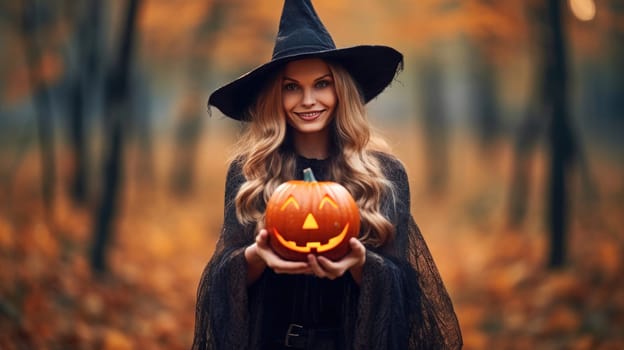 Young blonde witch in a black dress holding a glowing jack-o-lantern in an enchanted forest scene.