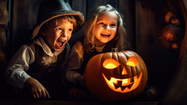 Two happy children sitting next to a jack-o-lantern in a dimly lit room decorated for Halloween..