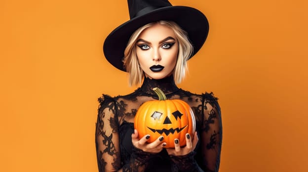 Cheerful young woman in a black witch hat smiling with a jack-o-lantern on an orange background.