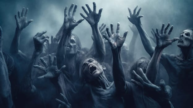 Large Group of Zombies Reaching Towards the Sky in a Dark and Eerie Setting.