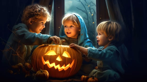 Three Happy Children Excitedly Hiding Behind a Curtain with a Glowing Jack-o-Lantern for Halloween.