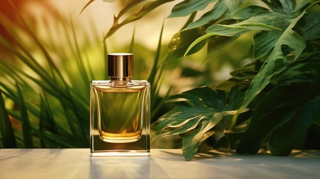 Transparent yellow glass perfume bottle mockup with plants on background. Eau de toilette. Mockup, spring flat lay