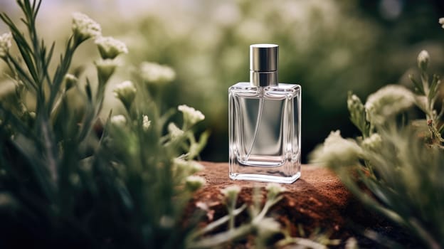 Transparent white glass perfume bottle mockup with plants on background. Eau de toilette. Mockup, spring flat lay