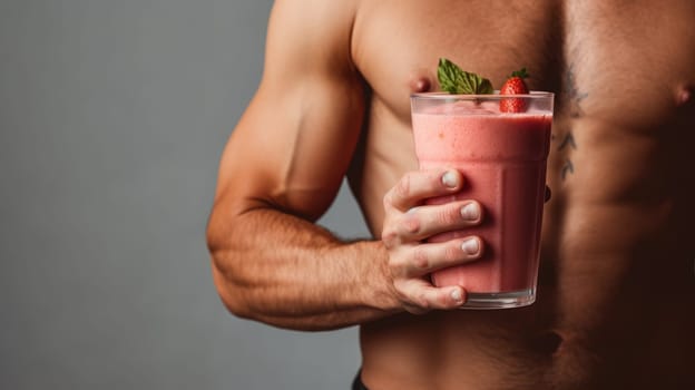 Muscular man showcasing his physique while holding a delicious protein strawberry milkshake in a gym setting.