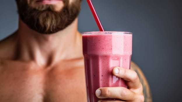 Muscular man showcasing his physique while holding a delicious strawberry milkshake in a gym setting.