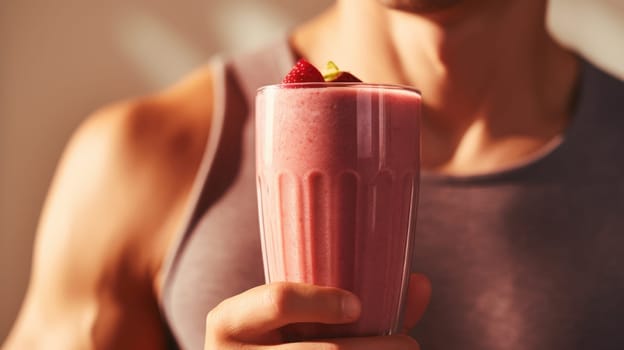 Muscular man showcasing his physique while holding a delicious strawberry milkshake in a gym setting.