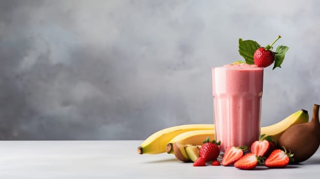 Fresh strawberry smoothie with kiwi and berries in a tall glass on a white table. Made with fresh strawberries, kiwi, yogurt, perfect for breakfast or snack, full of fruits and vegetables.