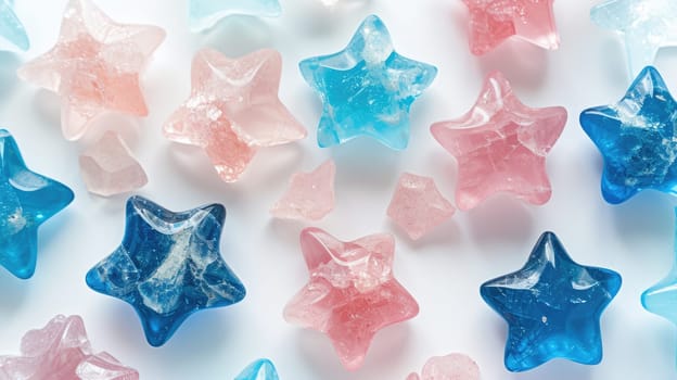 Colorful star shape stones on white background with soft shadows. Retro fashion texture..