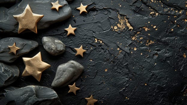 Shining golden stars scattered beautifully on a dark black stone texture background.