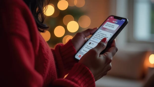 Woman in red sweater using smartphone with Christmas tree in background.