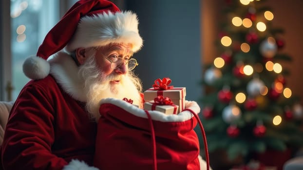 Santa Claus holding bag full of gifts with a bright Christmas tree in the background