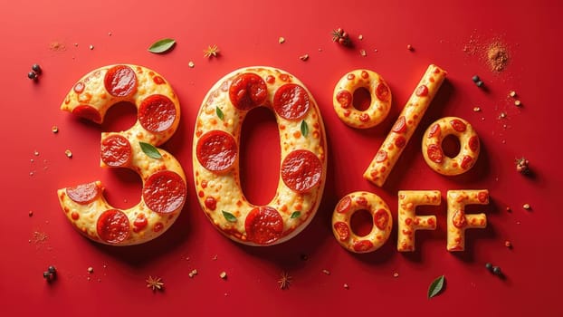 Delicious Pepperoni Pizza on a Red Background with Thirty Percent Off Discount Promotion.