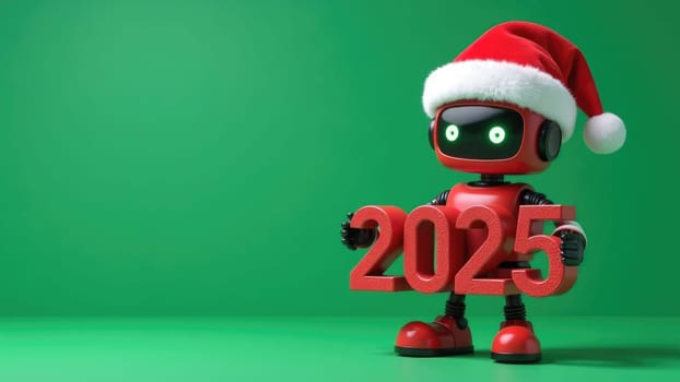 Red Ai Robot Wearing Santa Hat Holding 2025 Sign Isolated on Green Background. Christmas, New Year celebration.