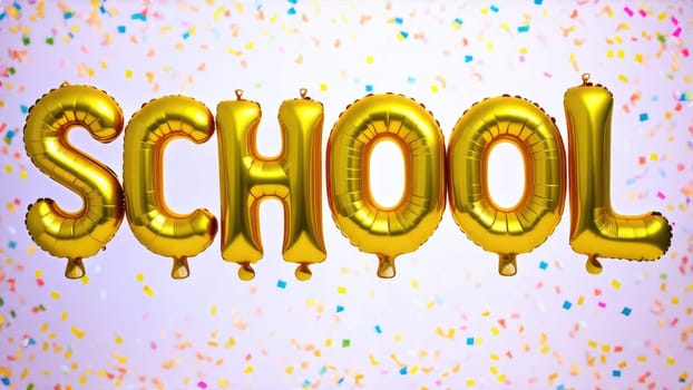 Gold Foil Balloons Spelling School Surrounded by Colorful Confetti Elements for Education Themes.