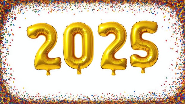 Gold 2025 Helium Balloons on White Background with Confetti Border.