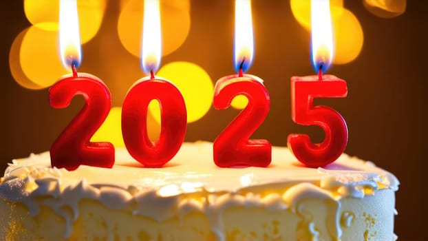 Red candles on a white frosted cake with a blurred background of yellow lights for the year 2025