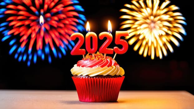 Delicious Red Velvet Cupcake with 2025 Candles and Colorful Fireworks in Background.
