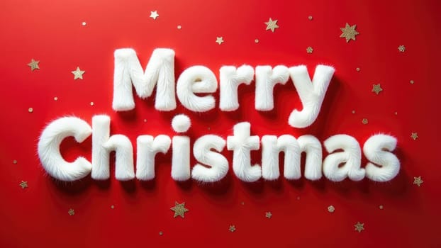 Festive White Furry Letters Spelling Merry Christmas on Bright Red Background for Holiday Cheer.