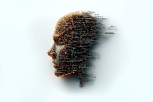 Abstract representation of a human face created using intricate digital geometric patterns and textures, symbolizing the fusion of AI technology and human identity