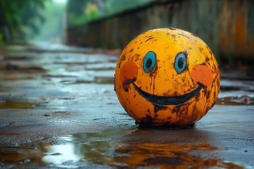 A worn smiley face ball sits on a wet urban street, creating a contrast between its cheerful design and the gloomy environment. Captures themes of resilience and optimism.
