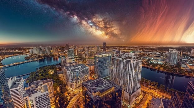 A stunning panoramic view of a city skyline at night, featuring a vibrant Milky Way galaxy above. The scene captures a river reflecting city lights, with modern skyscrapers and a colorful sky transitioning from twilight to night.