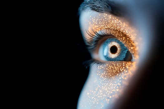 A detailed close-up of a futuristic eye with digital elements and sparkling lights, symbolizing AI technology and innovation