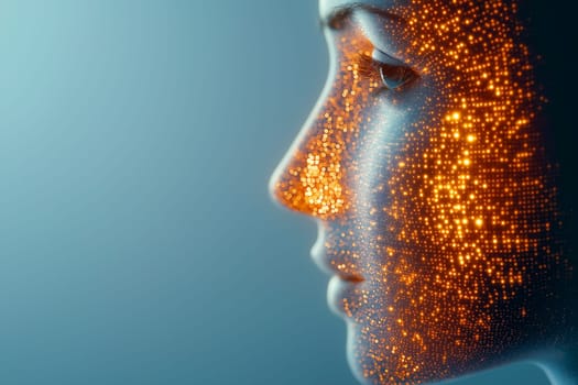 Close-up of a human profile with glowing digital data points, illustrating futuristic technology and AI integration. The abstract design creates a cyberpunk and innovative atmosphere.