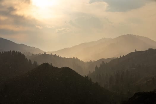 Serene landscape of a mountain range bathed in warm sunset light, shrouded in mist for a tranquil and mysterious atmosphere. Ideal for nature, tranquility, and outdoor themed projects.