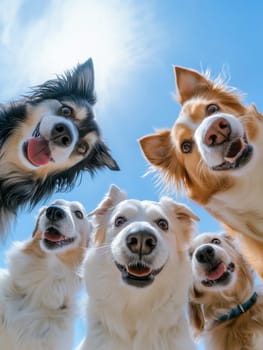 A delightful group of five dogs joyfully looking up, captured against a bright blue sky. The image exudes happiness, friendship, and playfulness, ideal for pet and outdoor themes.