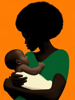 Minimalist illustration celebrating motherhood, depicting a loving black mother holding her sleeping newborn baby against an orange background