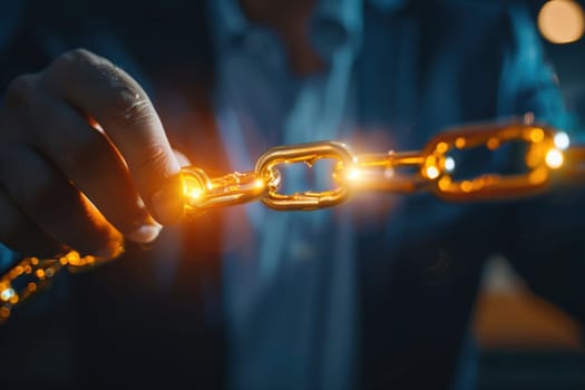 A business leader connects a glowing chain link, symbolizing the power of leadership in enhancing collaboration within a company. the image features high-detail photorealism and soft, clean lighting, emphasizing innovation and unity.