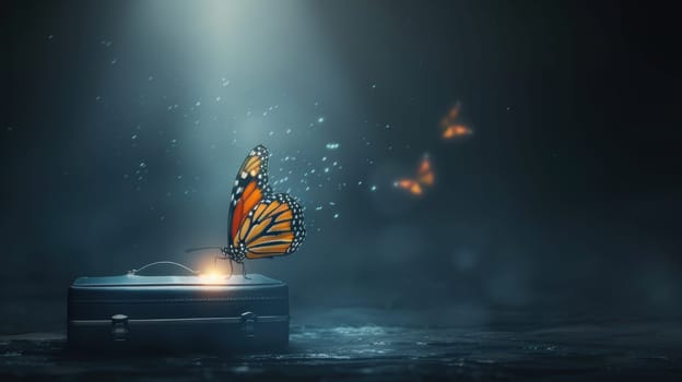 A butterfly emerges from a briefcase, symbolizing the transformation of ideas into action in business. with glowing trails and clean lighting, the image evokes a sense of innovation and progress. high-detail photorealistic imagery brings this concept to life.