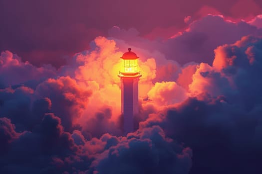 A luminous lighthouse emerges from a swirling mass of clouds, representing guidance and perseverance through life's challenges. the vibrant lighting and photorealistic detail make it perfect for motivational themes.