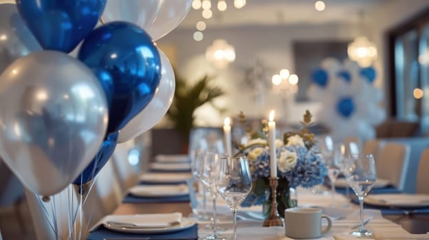 A chic hanukkah dinner party setup in a contemporary dining room, featuring a beautifully adorned table. a menorah glows warmly in the backdrop, complemented by blue and white balloons the festive mood.