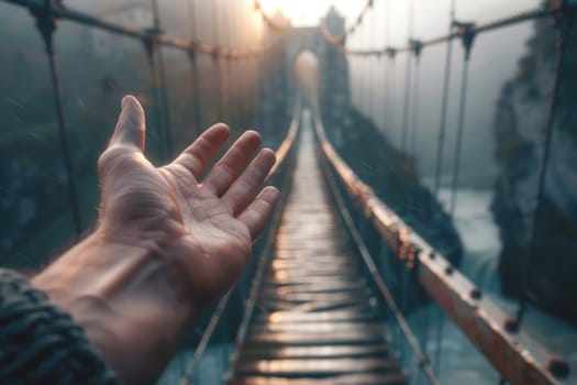 A hand reaches to stabilize a swaying bridge over dynamic waters, symbolizing resilience and balance amid business challenges. the high-detail photorealism and dynamic scene convey strength and perseverance.