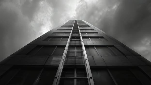 Professionals climb a ladder leaning against a shiny skyscraper under a bright sky, symbolizing growth and ambition in urban markets. the dynamic lighting highlights the reflective surface and upward movement.