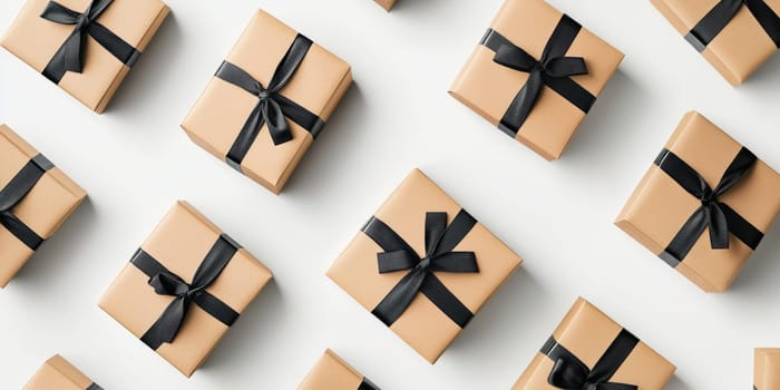 Neatly arranged gift boxes with black ribbons. Perfect for celebrations and events.