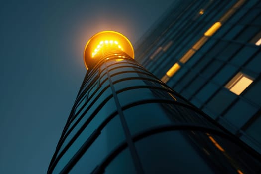 Illuminated beacon atop a skyscraper signifies guidance and success in business. high-detail photorealism intricate design with soft light reflection on the corporate architecture backdrop.