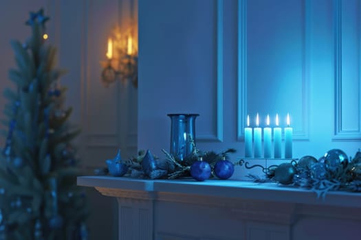 Modern menorah on a sleek white mantel adorned with blue and silver decorations. dimly lit room emphasizing the menorah's glow, creating a festive holiday ambiance. ideal for seasonal cards and home design.
