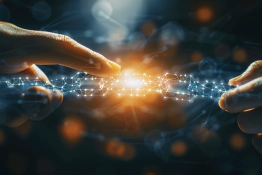 Hands connect glowing digital chain links on a touchscreen, illustrating technology's pivotal role in enhancing modern business collaboration with a photorealistic, dynamic visual style.